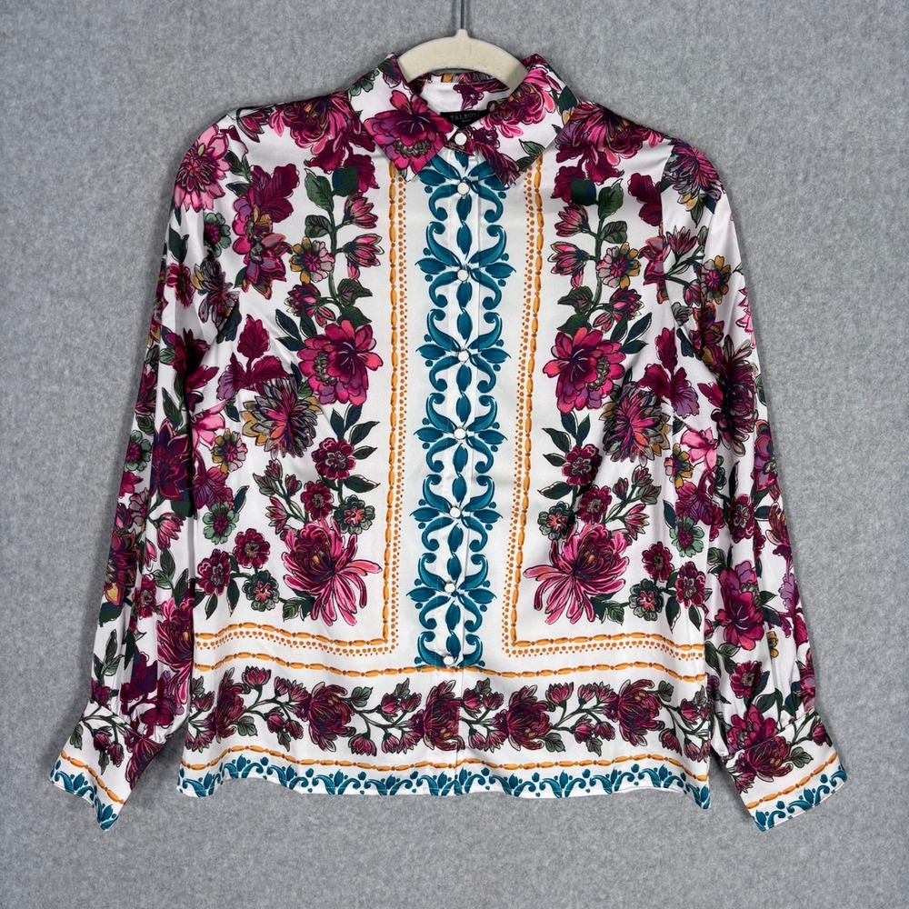 Talbots Scarf Print Satin Blouse Small Petite Floral Stretch Feminine Whimsical